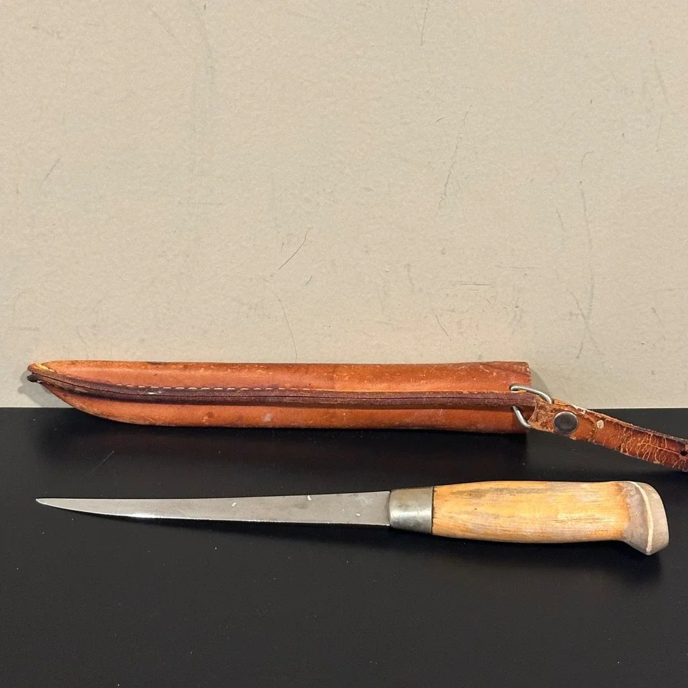 Vintage J Marttiini Finland Fillet Knife Stainless Steel Birch Leather Sheath